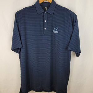 Large FootJoy Polo Club Boca Raton Logo Mens Golf Shirt L Navy Dark Stripe EUC